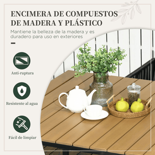 Outsunny Conjunto de Jardim de Vime Sintético Conjunto de Móveis de Exterior de Vime com 5 Peças Mesa Quadrada e 4 Cadeiras Almofadas Preto e Madeira