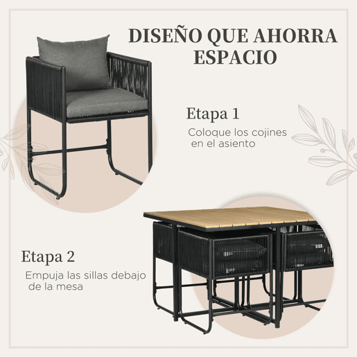 Outsunny Conjunto de Jardim de Vime Sintético Conjunto de Móveis de Exterior de Vime com 5 Peças Mesa Quadrada e 4 Cadeiras Almofadas Preto e Madeira