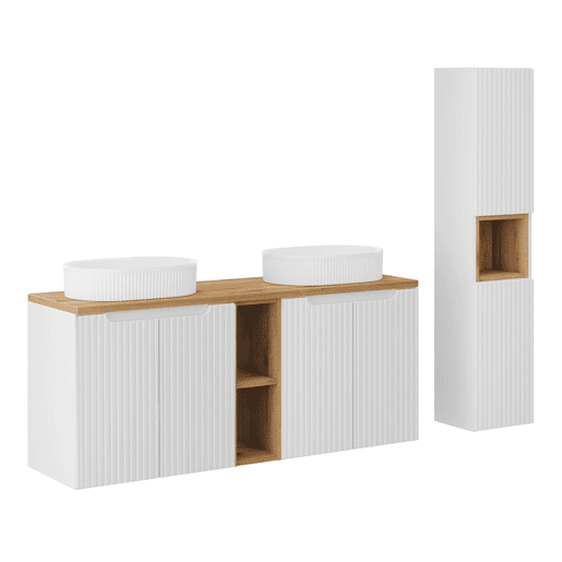 Conjunto móvel lavatório duplo 140cm 4 portas 2 nichos e coluna Riva branco e madeira