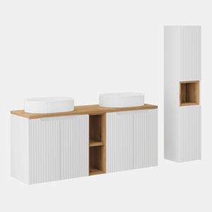 Conjunto móvel lavatório duplo 140cm 4 portas 2 nichos e coluna Riva branco e madeira