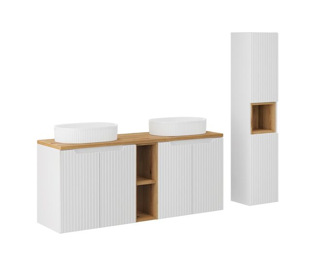 Conjunto mueble lavabo doble 140cm 4 puertas 2 compartimientos y columna riva blanco y madera