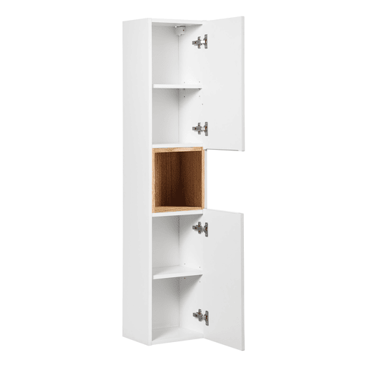 Conjunto móvel lavatório duplo 140cm 4 portas 2 nichos e coluna Riva branco e madeira