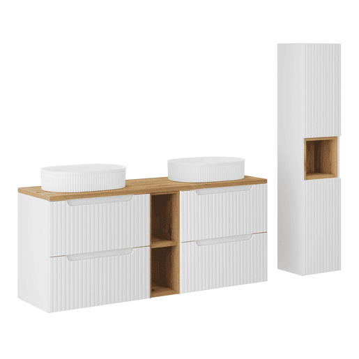 Conjunto móvel lavatório duplo 140cm 4 gavetas 2 nichos e coluna Riva branco e madeira