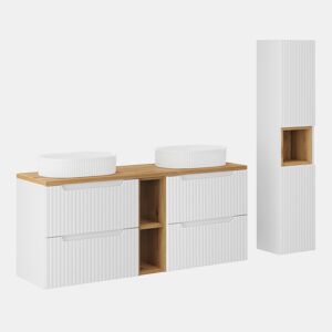 Conjunto móvel lavatório duplo 140cm 4 gavetas 2 nichos e coluna Riva branco e madeira