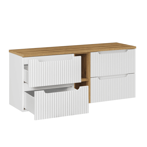 Conjunto móvel lavatório duplo 140cm 4 gavetas 2 nichos e coluna Riva branco e madeira