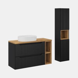 Móvel de lavatório simples 100cm 2 gavetas 2 nichos e coluna Riva Preto e Madeira