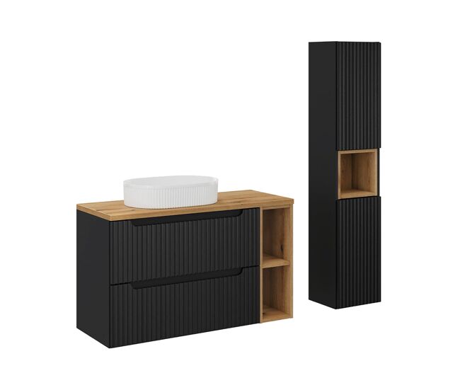 Conjunto mueble lavabo individual 100cm 2 cajones 2 compartimientos y columna riva negro y madera
