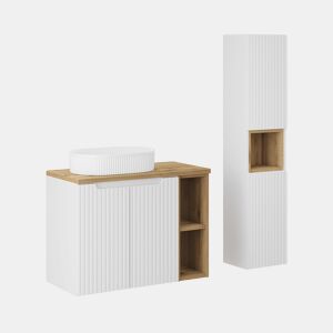 Conjunto móvel lavatório simples 80cm 2 portas 2 nichos e coluna Riva branco e madeira