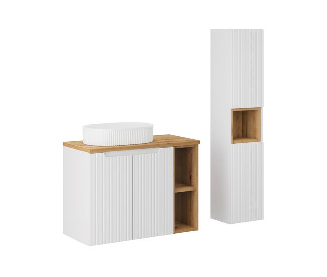 Conjunto mueble bajo lavabo 80cm 2 puertas 2 compartimientos y columna riva blanco y madera