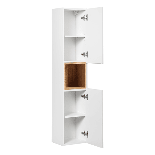 Conjunto móvel lavatório simples 80cm 2 portas 2 nichos e coluna Riva branco e madeira