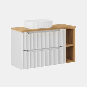 Móvel lavatório simples 100cm 2 gavetas 2 nichos Riva branco e madeira