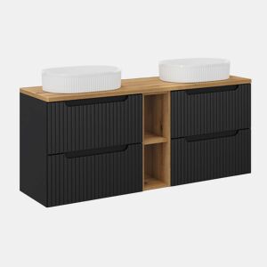 Móvel de lavatório duplo 140cm 4 gavetas 2 nichos Riva Preto e Madeira