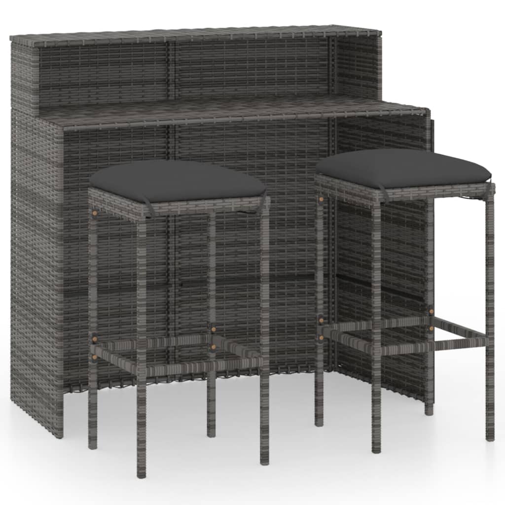 Juego muebles de bar para jardín 3 piezas y cojines gris