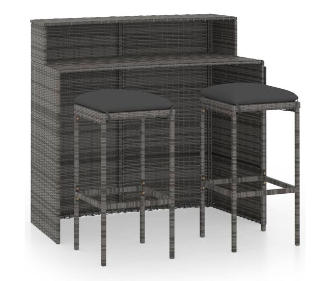 Juego muebles de bar para jardín 3 piezas y cojines gris