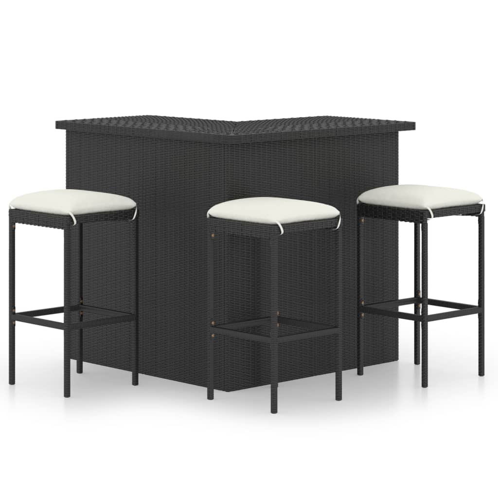Set de bar para jardín 4 pzas y cojines ratán sintético negro