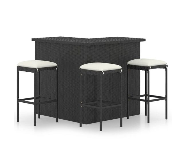 Set de bar para jardín 4 pzas y cojines ratán sintético negro