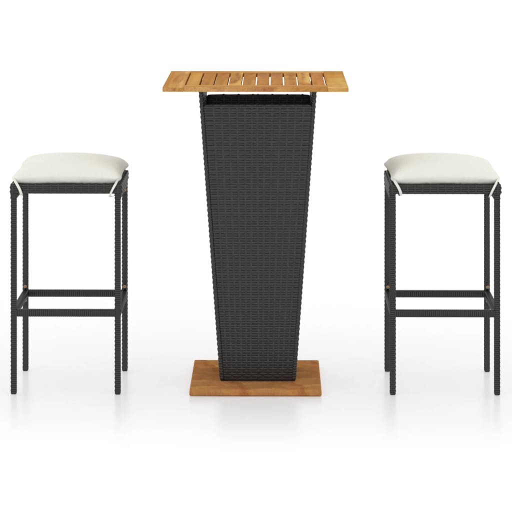 Set de muebles de bar jardín 3 piezas y cojines ratán pe negro