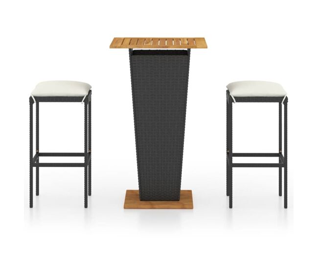 Set de muebles de bar jardín 3 piezas y cojines ratán pe negro