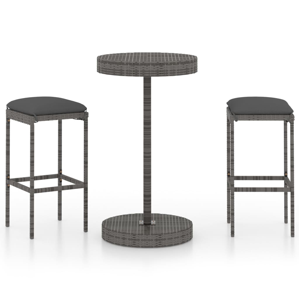 Set muebles bar jardín 3 piezas y cojines ratán sintético gris