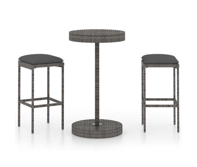 Set muebles bar jardín 3 piezas y cojines ratán sintético gris