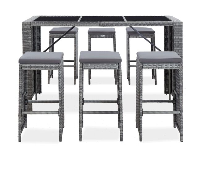 Mesa y sillas de bar jardín 7 pzas cojines ratán sintético gris