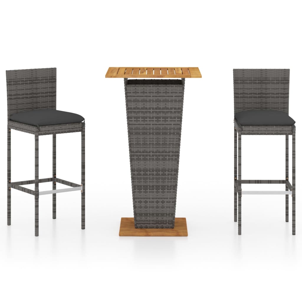 Set de muebles de bar de jardín 3 pzas y cojines ratán pe gris