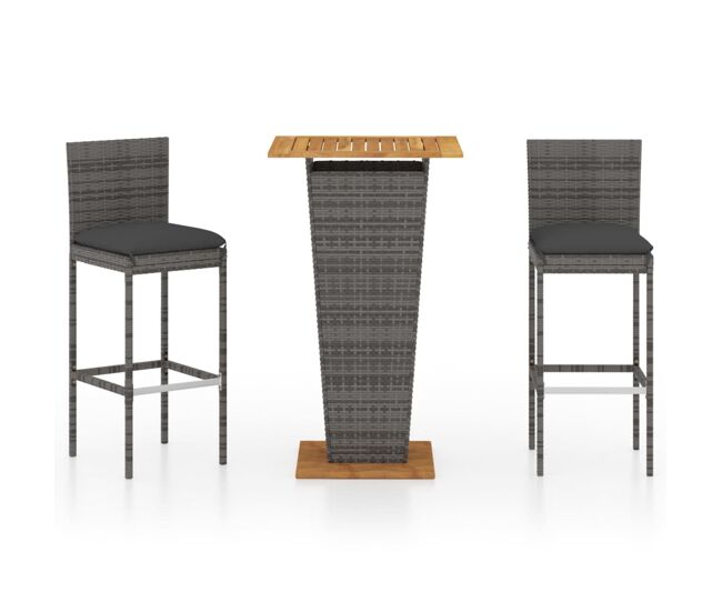 Set de muebles de bar de jardín 3 pzas y cojines ratán pe gris