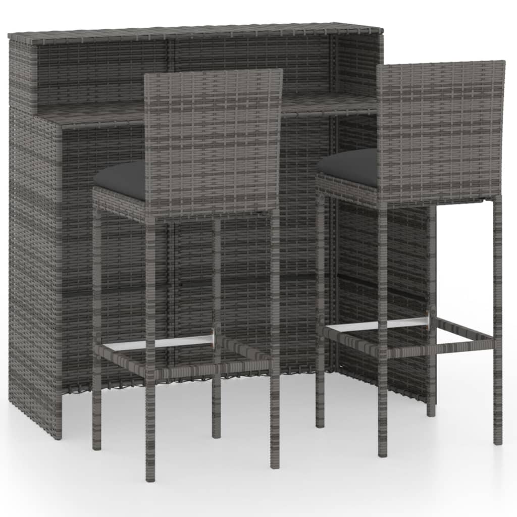 Juego muebles de bar para jardín 3 piezas y cojines gris
