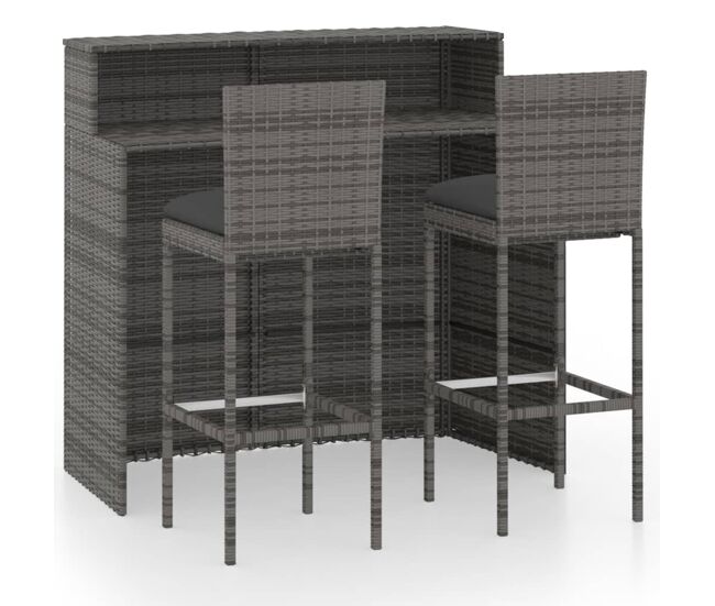 Juego muebles de bar para jardín 3 piezas y cojines gris