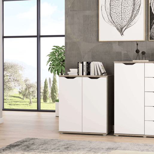 Aparador de 2 portas, buffet, armário de armazenamento Parc Modern Living Room Branco fosco e carvalho Sonoma 67x79x38 cm