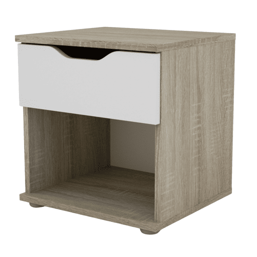 Mesa de cabeceira, criado-mudo com 1 gaveta e base inferior vazada Parc Bedroom em carvalho Sonoma e cor branca 40x42x35 cm