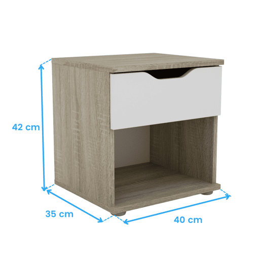 Mesa de cabeceira, criado-mudo com 1 gaveta e base inferior vazada Parc Bedroom em carvalho Sonoma e cor branca 40x42x35 cm