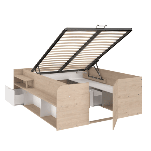 Cama de quarto estilo nórdico Stratos em carvalho Jackson e branco com base elevatória e espaço de armazenamento 135140 x 190200 cm