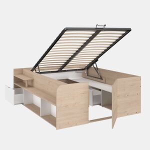 Cama de quarto estilo nórdico Stratos em carvalho Jackson e branco com base elevatória e espaço de armazenamento 135140 x 190200 cm