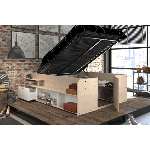 Cama de quarto estilo nórdico Stratos em carvalho Jackson e branco com base elevatória e espaço de armazenamento 135140 x 190200 cm