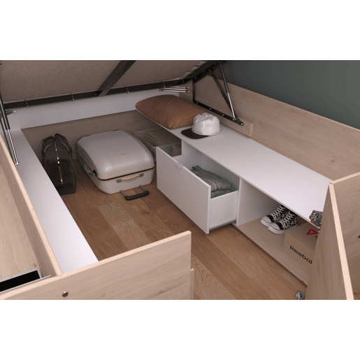Cama de quarto estilo nórdico Stratos em carvalho Jackson e branco com base elevatória e espaço de armazenamento 135140 x 190200 cm