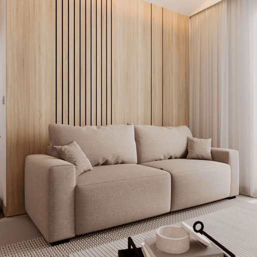 Sofá-cama Fini de 3 lugares, estilo moderno para sala de estar, bege, com 2 almofadas de tecido, 234 cm
