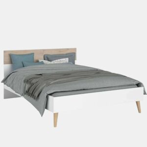 Pacote de quarto Osaka Cama de carvalho japonês (135-140x190 cm), 2 mesas de cabeceira e guarda-roupa de carvalho japonês e branco fosco