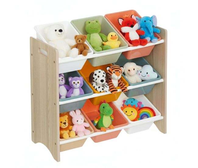 Estantería Infantil Play con 9 Bandejas Mueble Infantil para Dormitorio Cuarto de Juego Color Blanco y Roble 60x66x30 cm