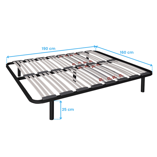 Estrado multi-ripas 160x190 cm com 7 pés, com reguladores lombares, firmeza ajustável, tubo 40x30 mm e ripas de faia natural