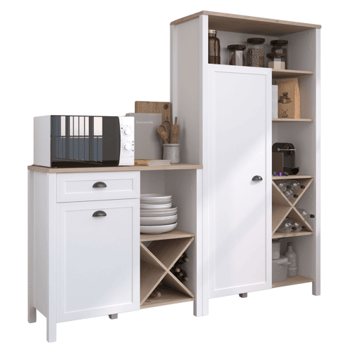 Pacote com 2 armários de cozinha estilo moderno Coper Kitchen Buffets em branco e carvalho Jackson Pacote com 2 armários de cozinha estilo moderno Coper Kitchen Buffets em branco e carvalho Jackson