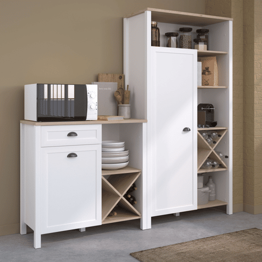 Pacote com 2 armários de cozinha estilo moderno Coper Kitchen Buffets em branco e carvalho Jackson Pacote com 2 armários de cozinha estilo moderno Coper Kitchen Buffets em branco e carvalho Jackson