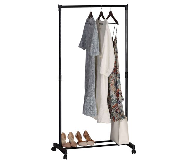 Burro de ropa perchero de estancia moderna en color negro con ruedas y 2 barras para zapatos 75x157x42 cm