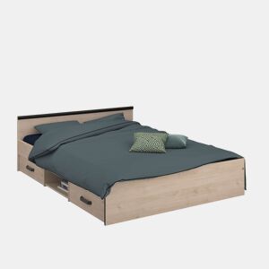 Cama de quarto estilo industrial Solstice em carvalho Jackson e preto com 2 gavetas 135-140x190 cm
