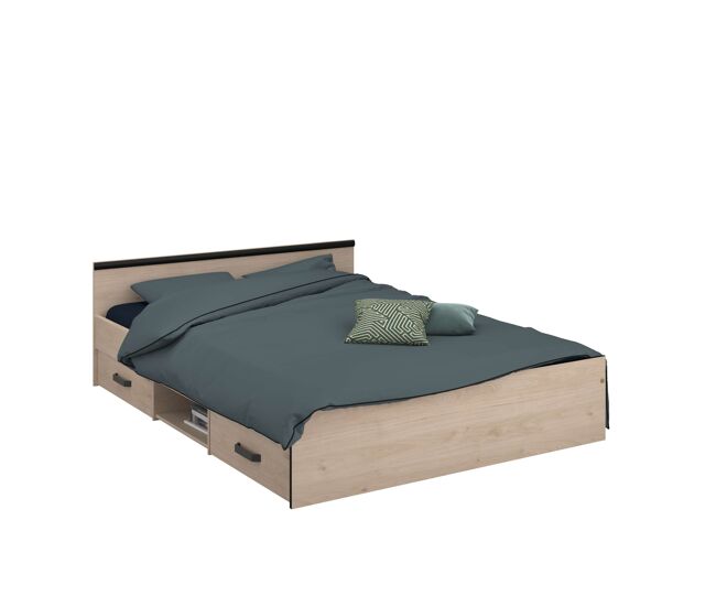 Cama solstice de dormitorio estilo industrial en color roble jackson y negro con 2 cajones 135-140x190 cm