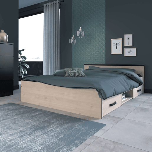 Cama de quarto estilo industrial Solstice em carvalho Jackson e preto com 2 gavetas 135-140x190 cm Cama de quarto estilo industrial Solstice em carvalho Jackson e preto com 2 gavetas 135-140x190 cm