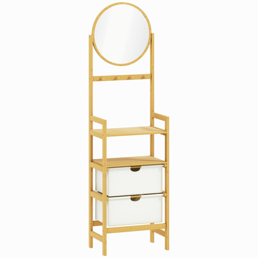 HOMCOM Estante de Casa de Banho em Bambu com Espelho Estante de Arrumação com 4 Ganchos 2 Prateleiras Abertas e 2 Gavetas de Tecido para Cozinha Casa de Banho Sala de Estar 48,5x30x170 cm Madeira