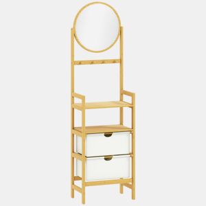 HOMCOM Estante de Casa de Banho em Bambu com Espelho Estante de Arrumação com 4 Ganchos 2 Prateleiras Abertas e 2 Gavetas de Tecido para Cozinha Casa de Banho Sala de Estar 48,5x30x170 cm Madeira