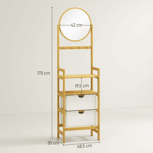 HOMCOM Estante de Casa de Banho em Bambu com Espelho Estante de Arrumação com 4 Ganchos 2 Prateleiras Abertas e 2 Gavetas de Tecido para Cozinha Casa de Banho Sala de Estar 48,5x30x170 cm Madeira