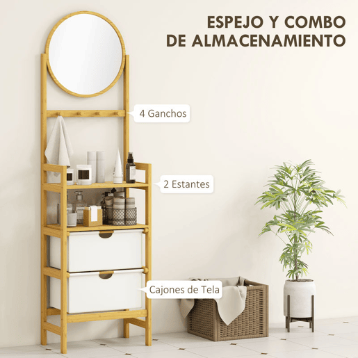 HOMCOM Estante de Casa de Banho em Bambu com Espelho Estante de Arrumação com 4 Ganchos 2 Prateleiras Abertas e 2 Gavetas de Tecido para Cozinha Casa de Banho Sala de Estar 48,5x30x170 cm Madeira